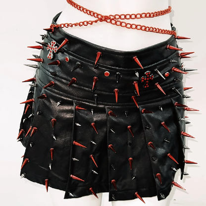 Rivet hollow out metal chain PU leather mini skirt set