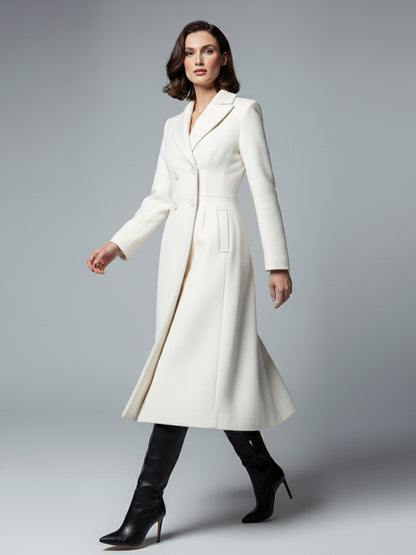 White Woolen Double-Breasted Midi Coat With Sharp Lapel And X-Line For Women 2026