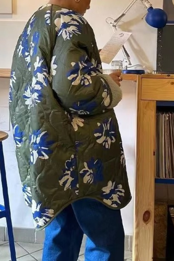 Floral Printed Round Neck Single Breasted Thin Cotton Jacket