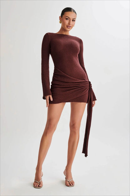 Boat Neck Knit Side-Tie Ruched Wrap Bodycon Mini Dress