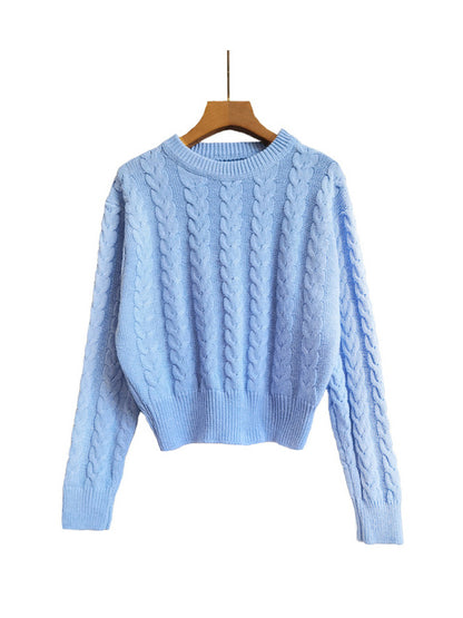 Women Pullover Sweater Baby Blue Jewel Neck Long Sleeves Cotton Sweaters
