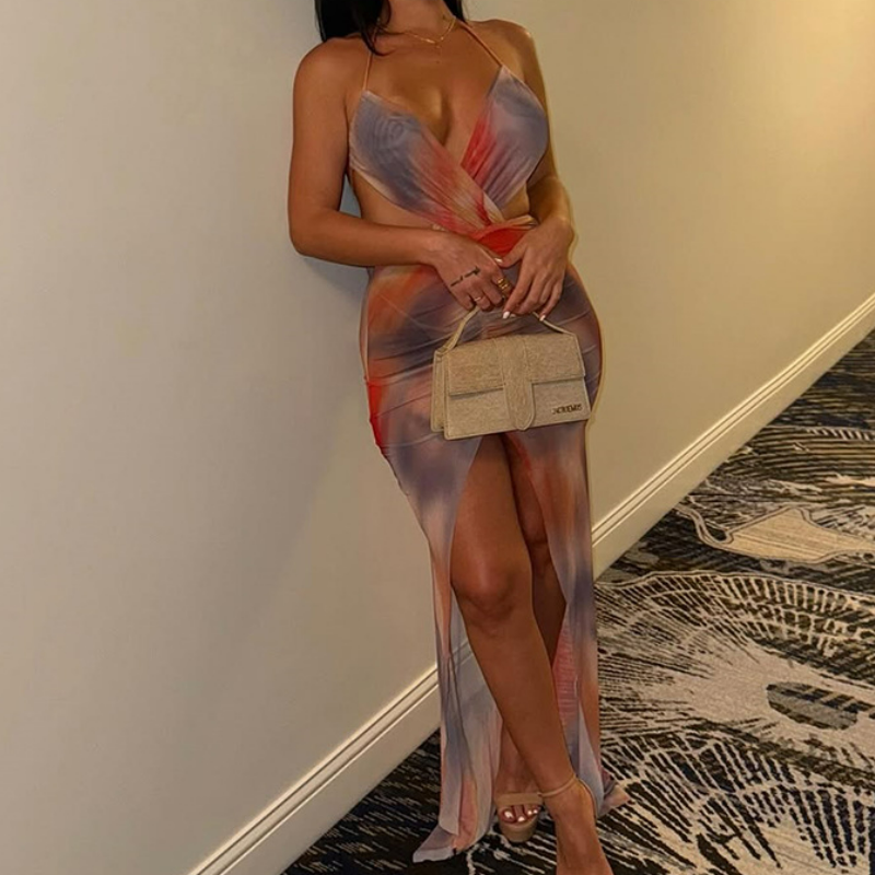 Halter v neck high slit contrast maxi dress