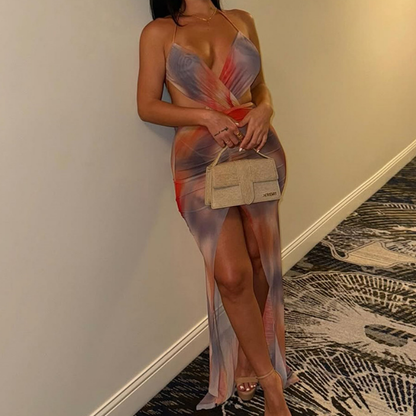 Halter v neck high slit contrast maxi dress