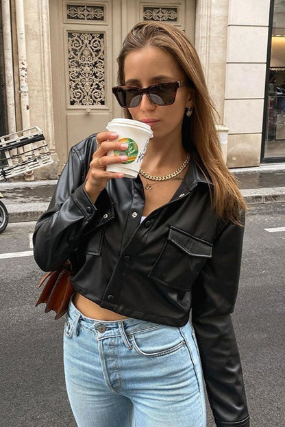 White Crop Leather Long-Sleeve Jacket