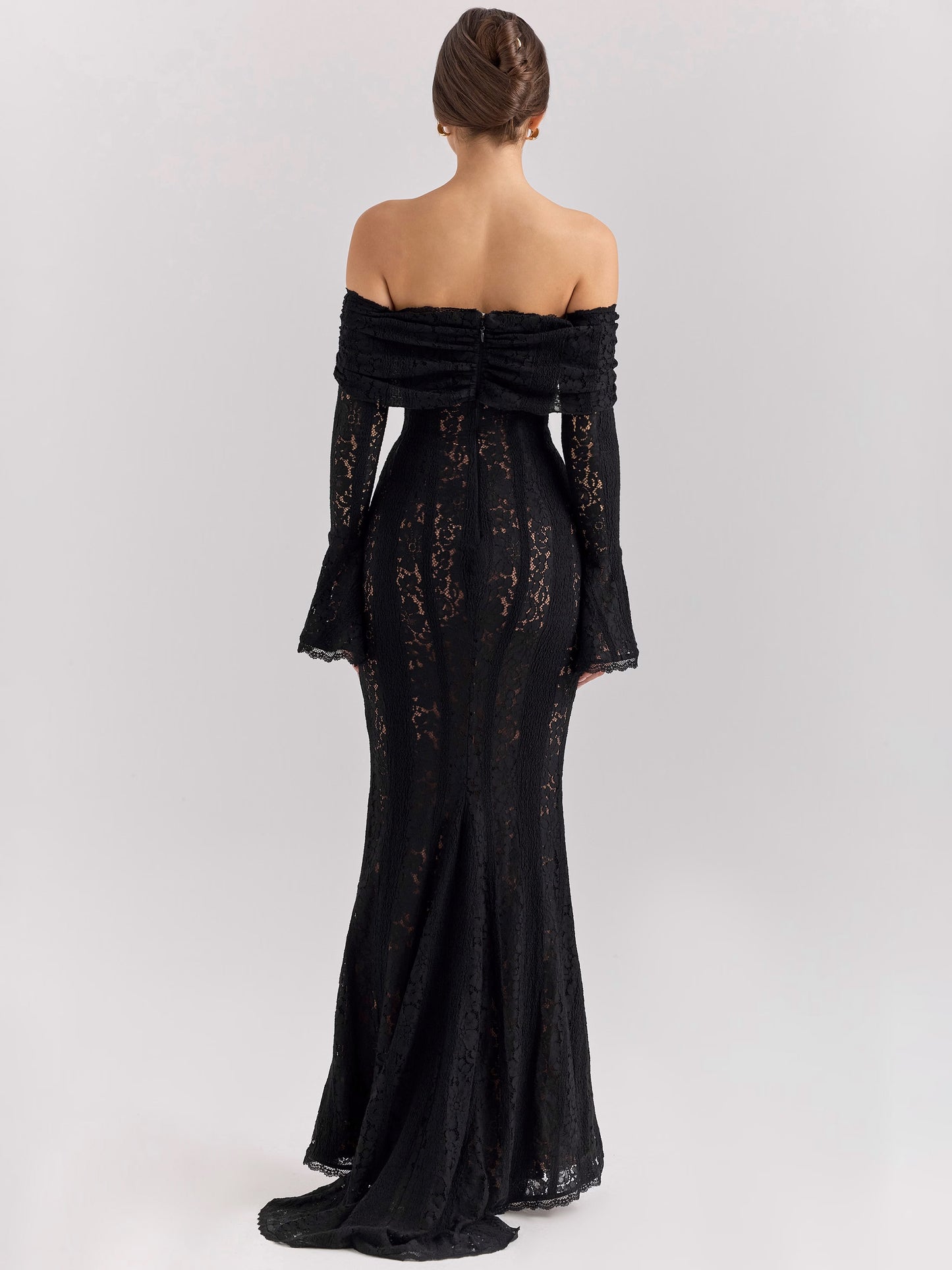 Black Floral Lace Maxi Dress Off Shoulder Bell Long Sleeve Mermaid Bodycon Dress For Women 2026