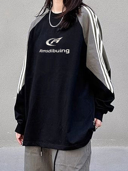 Vintage Print Piping Raglan Crew Neck Sweatshirt