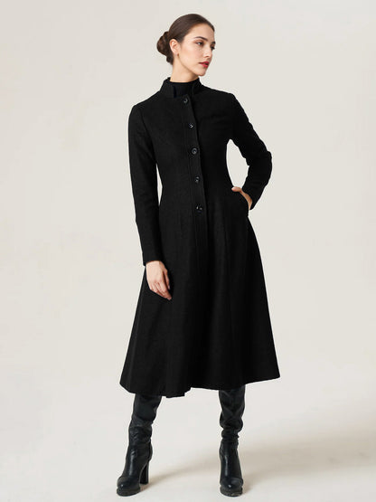 Woolen Flared Coat For Woman Stand Collar A-line Elegant Dark Navy Winter Midi Outerwear 2026