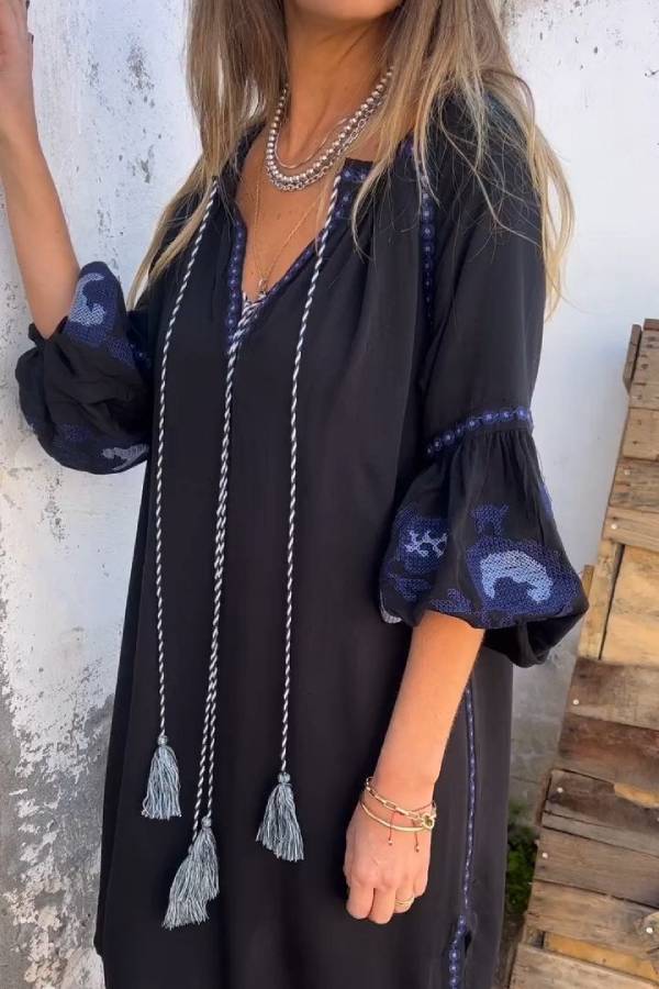 V-neck Bell Sleeve Embroidered Dress