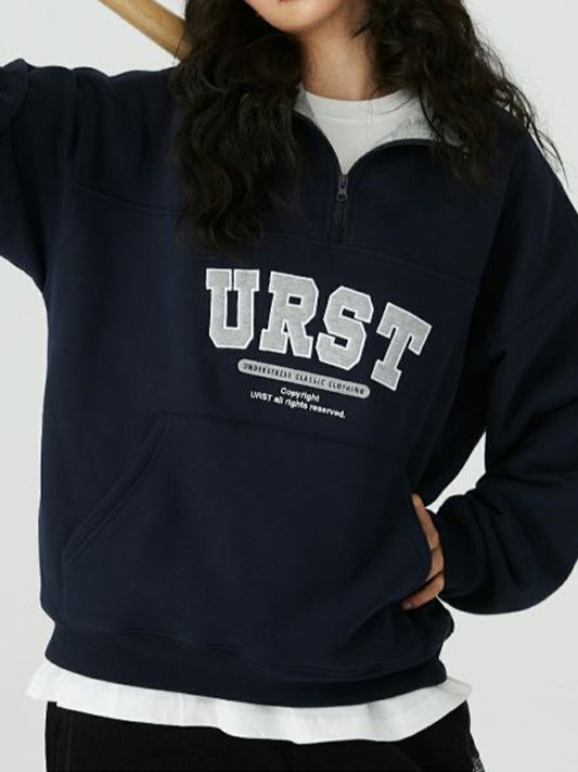 Letter Embroidery Lapel Neck Half Zipper Sweatshirt