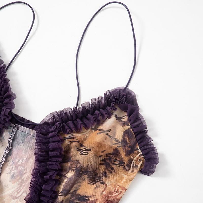 Ruffle spaghetti strap sheer mesh irregular slit maxi dress-final-sale