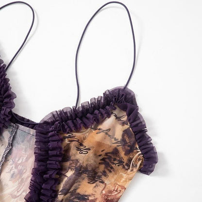 Ruffle spaghetti strap sheer mesh irregular slit maxi dress-final-sale