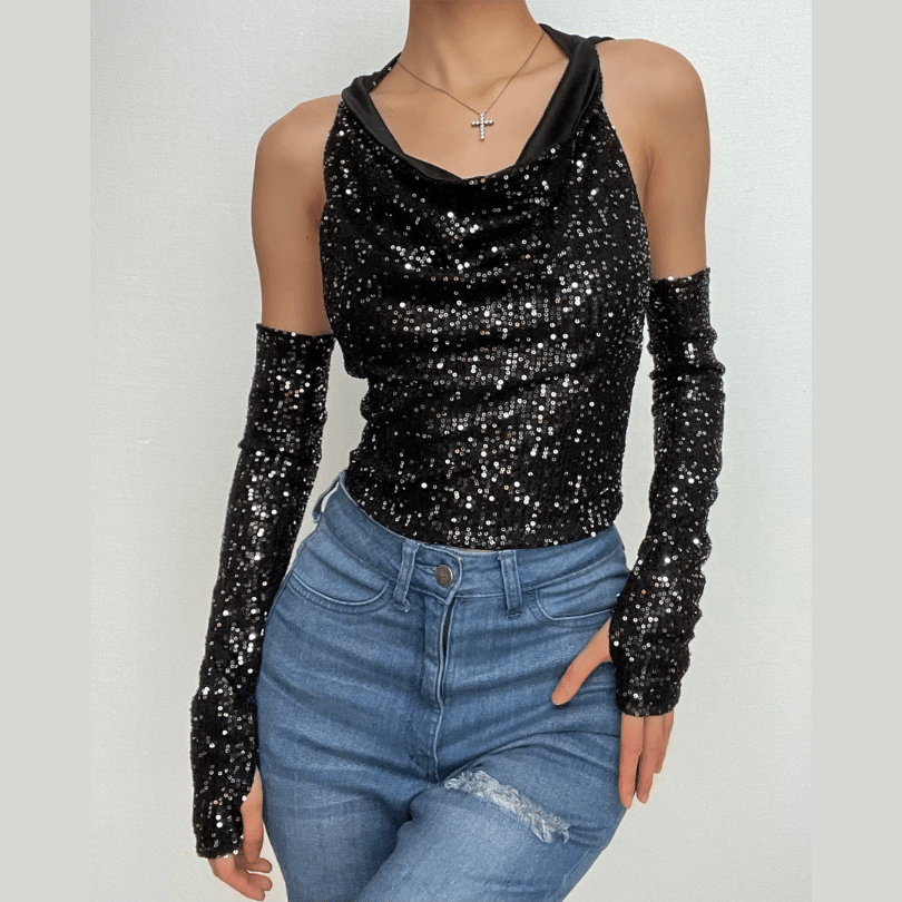 Glitter cowl neck hoodie gloves backless halter crop top-final-sale
