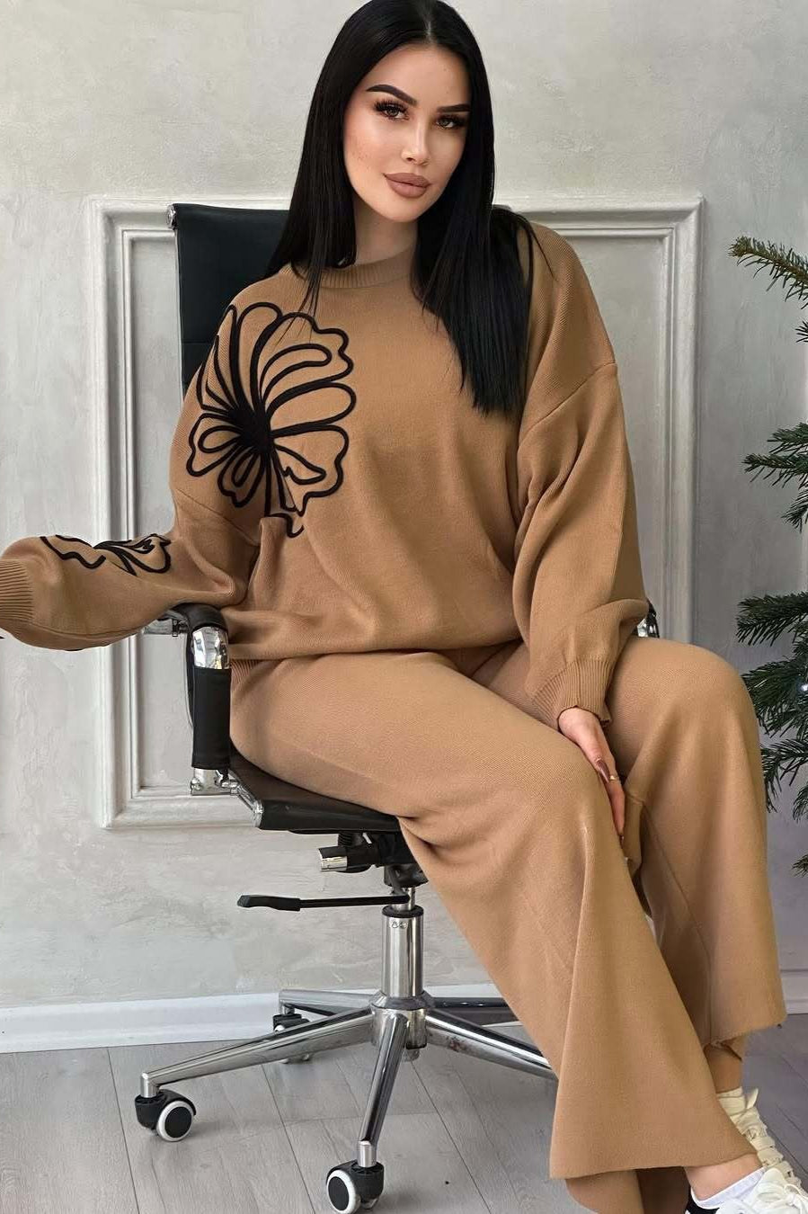 Casual Round Neck Knit Sweater with Pants Two Piece Pants Set