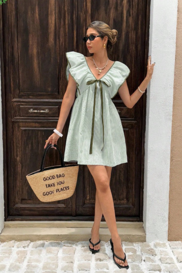 Pinstripe V-Neck Ruffle Flounce Collar Flutter Sleeve Ribbon Bow Mini Dress