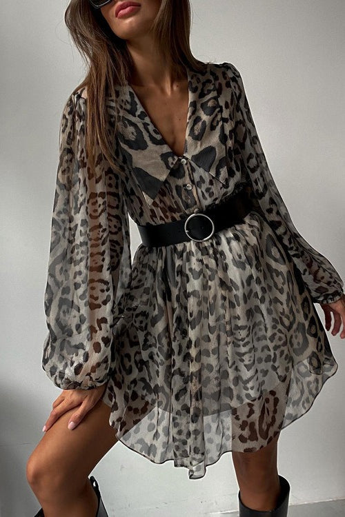 Print Pointed Collar Puff Sleeve Button Front Ruffle Hem Mini Dress
