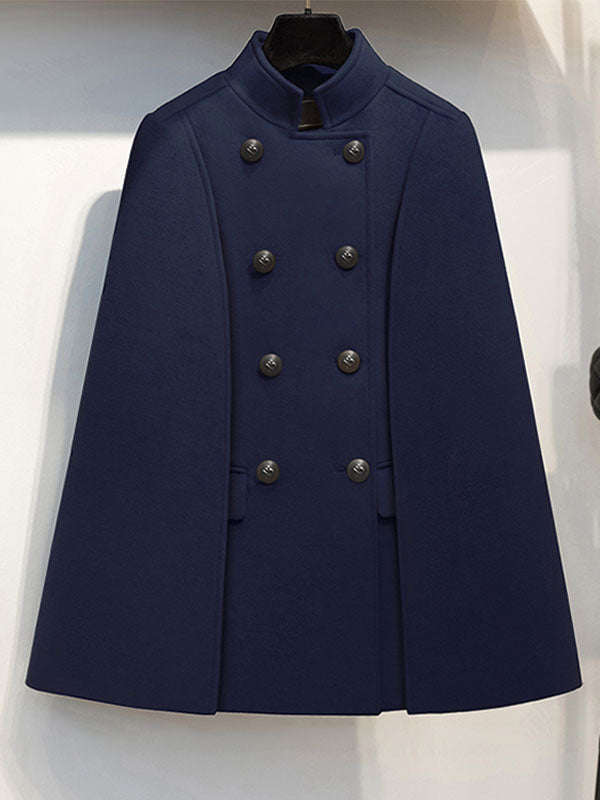 Woolen Poncho Coat Stand Collar Double Breasted Women Cape Outerwear