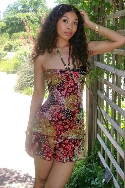 Beaded Halter Paisley Print Ruffled Hem Mini Dress