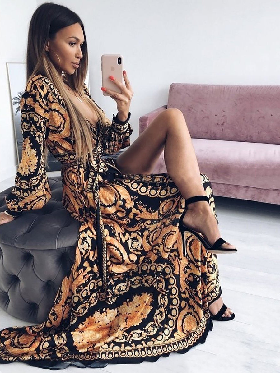 Boho Maxi Dresses Long Sleeves Printed V-Neck Slit Long Dress For Women