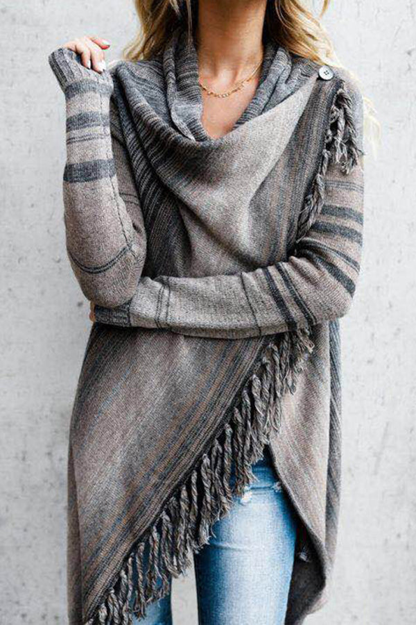 Mid-length slim-fitting fashionable fringed striped jacket