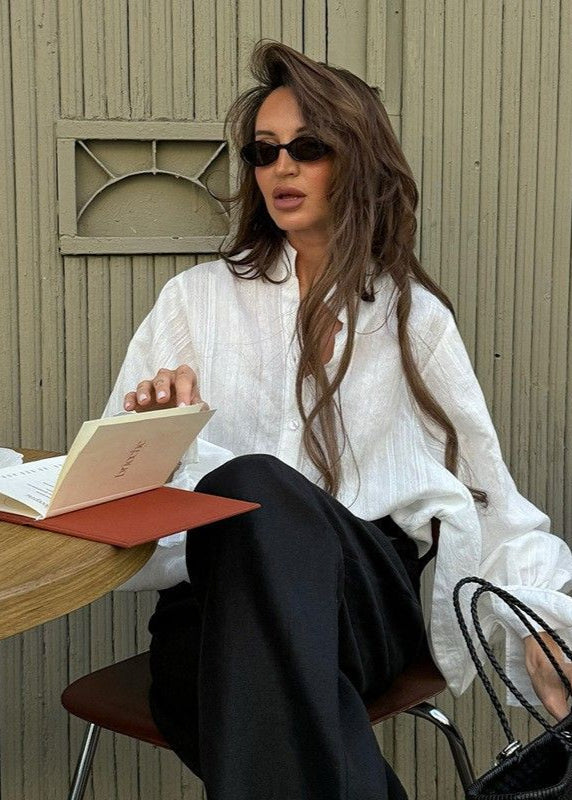 Averine - White Button-Up Shirt with Statement Balloon Sleeves