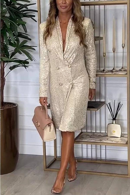 Luxe Feeling Sequin Button Up Long Sleeve Blazer Midi Dress