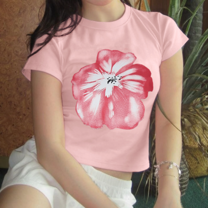 Crewneck flower pattern short sleeve crop top