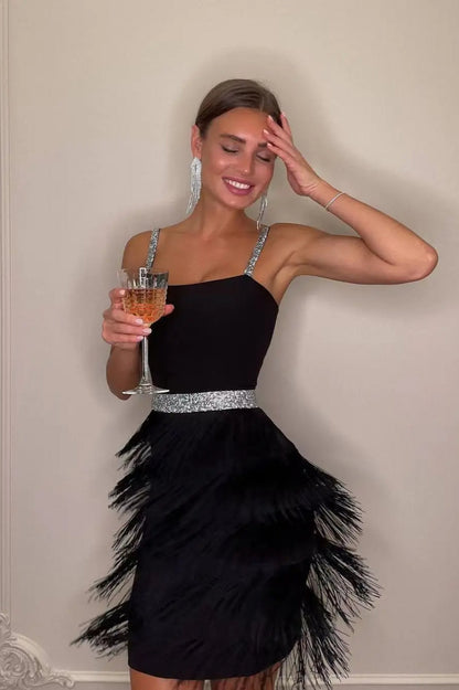 Sequin Strap Square Neck Tiered Fringe Cocktail Mini Dress