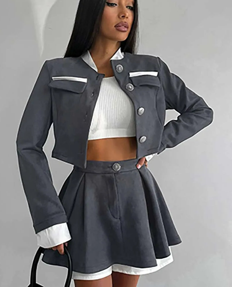 Grey Patchwork Crop Pleated Mini Office Two Piece Set