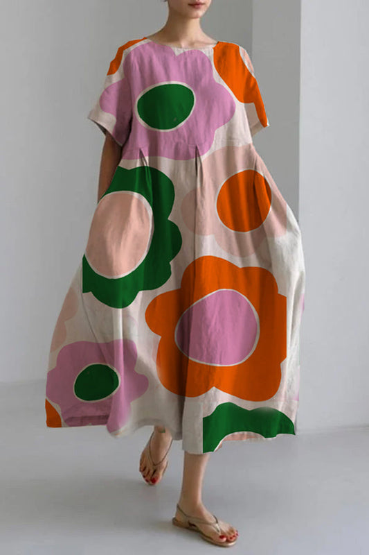 Women's Art Floral Loose Round Neck Medium Length Skirt Dress