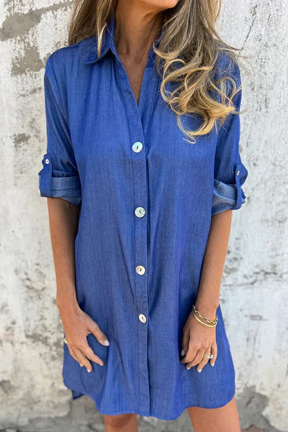 Solid Color Imitation Denim Casual Button Mid-length Shirt