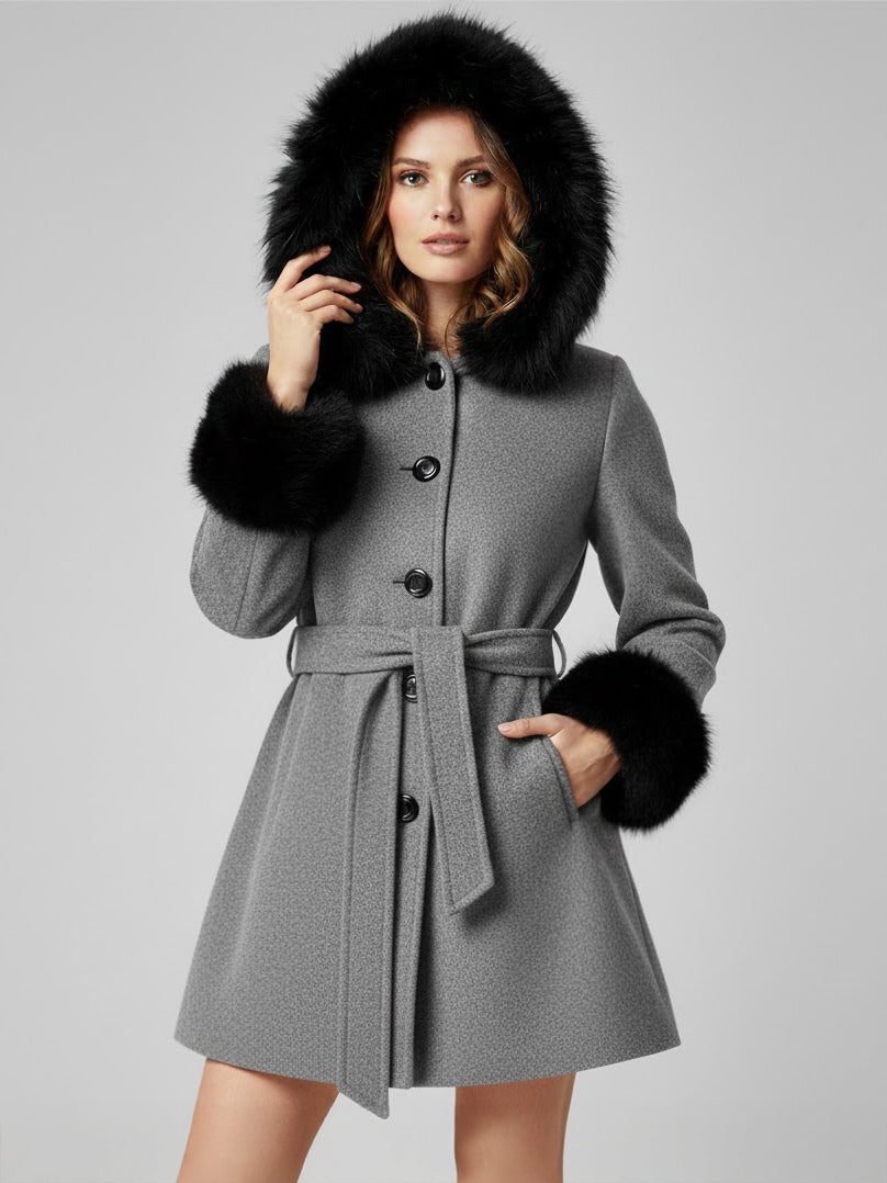 Belted Wool Blend Hooded Coat with black Faux fur cuffs For Women 2026