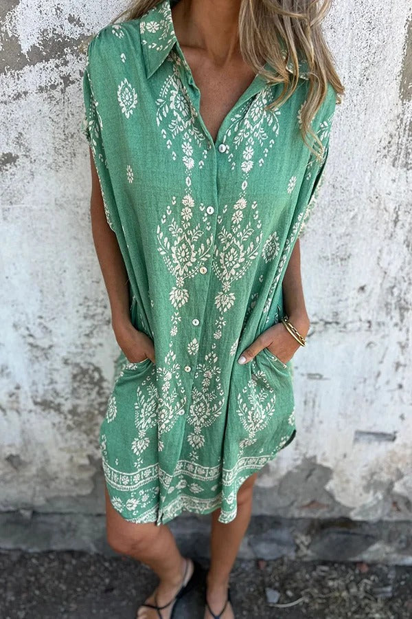 Linen Blend Unique Print Lapel Casual Pocket Mini Dress