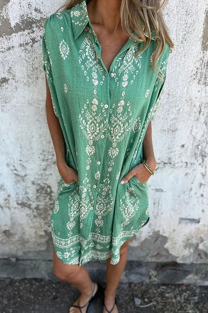 Linen Blend Unique Print Lapel Casual Pocket Mini Dress