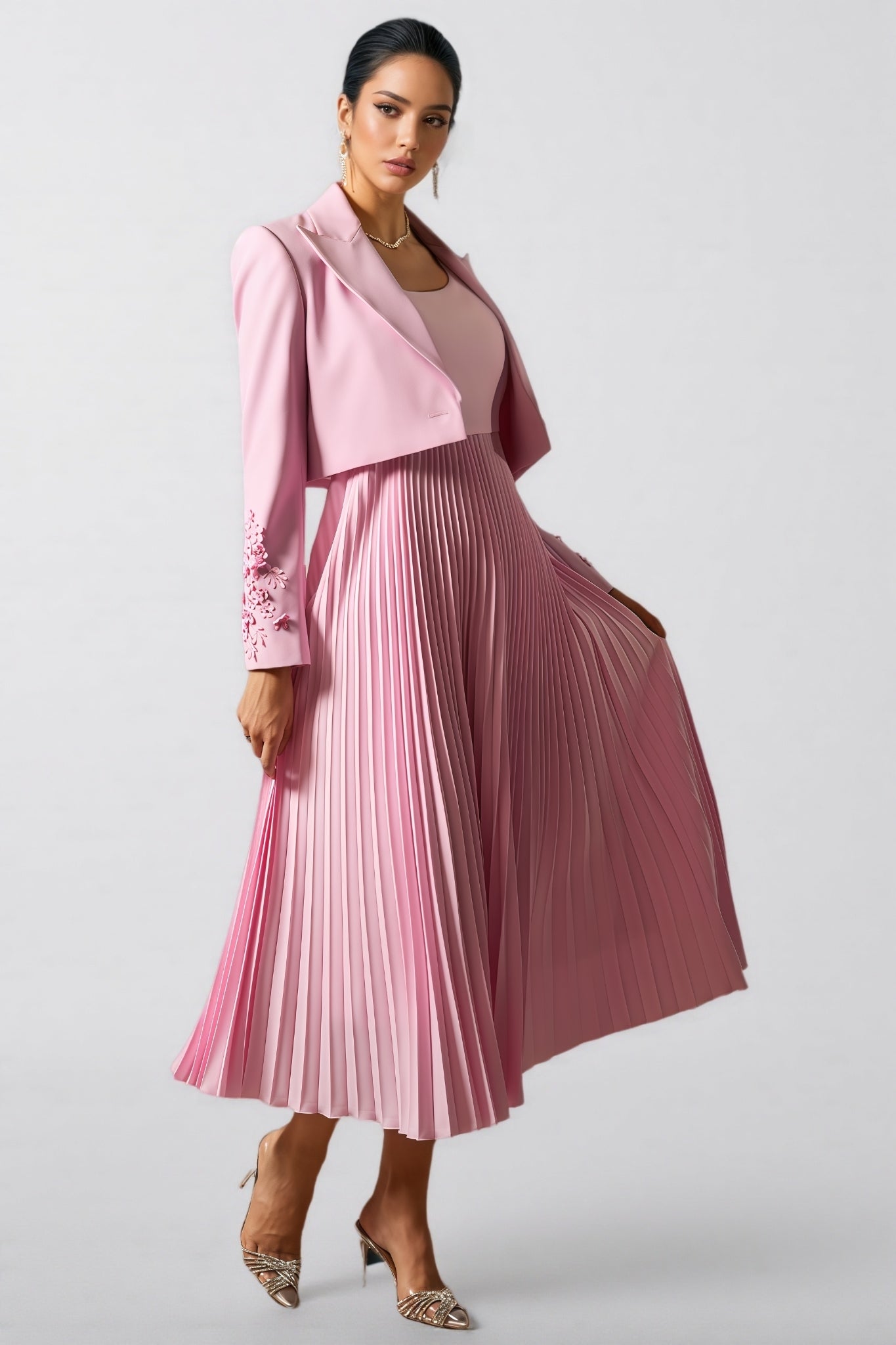 Zelda Floral Cuff Blazer Pleated Maxi Dress Set