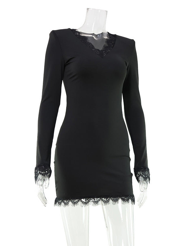 Lace Trim Long Sleeve V-Neck Bodycon Mini Party Dress For Women 2026
