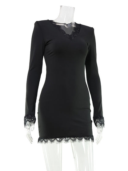 Lace Trim Long Sleeve V-Neck Bodycon Mini Party Dress For Women 2026