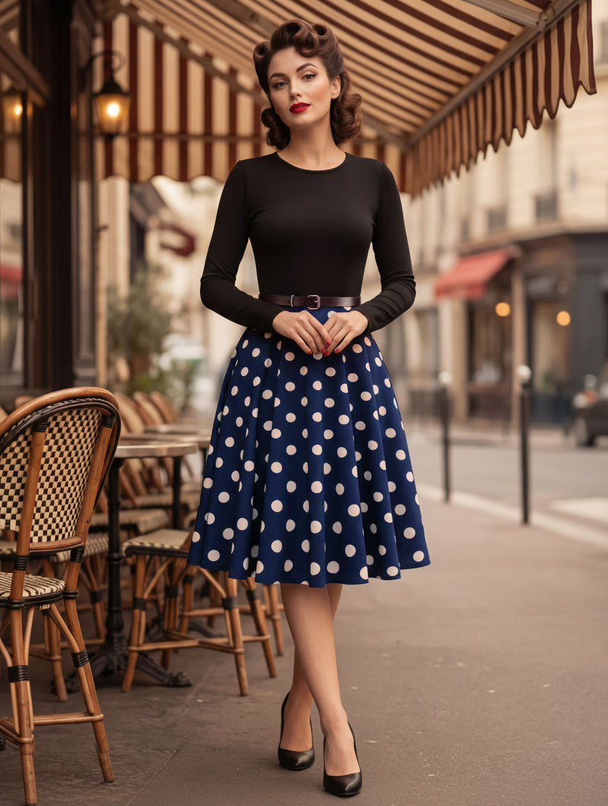 Vintage Polka Dot Swing Dress for Women - 1950s Rockabilly Long Sleeve Belted A-Line Midi Dress - Spring Retro Party 2026