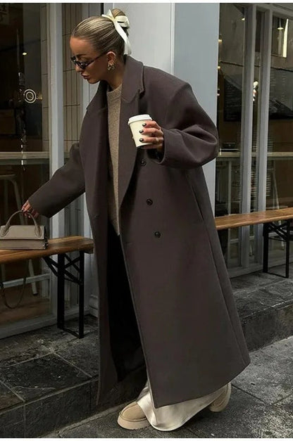 Elegant Casual Solid Color Double-Breasted Long Overcoat