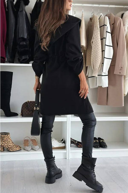 Effortless and Warm Textured Fabric Drawstring Waist Pocket Hooded Midi Coat