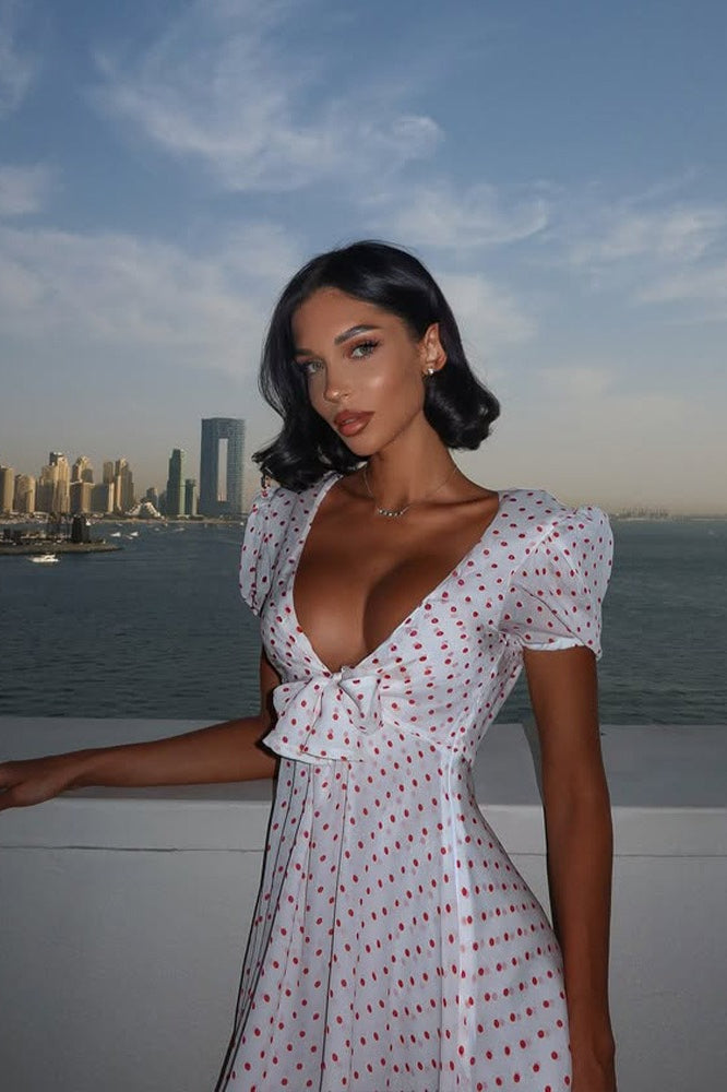 Polka Dot Tie Front Puff Sleeve V-Neck A-Line Mini Dress