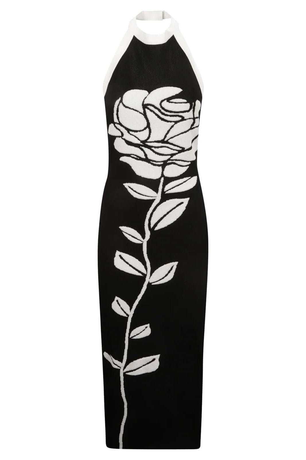 Floral Jacquard Halter Neck Open Back Bodycon Midi Dress