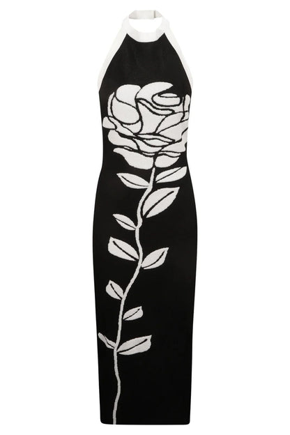 Floral Jacquard Halter Neck Open Back Bodycon Midi Dress