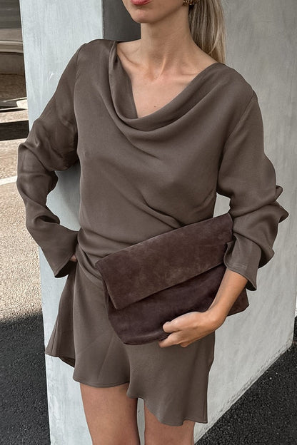 Satin Cowl Neck Long Sleeve Ruffled Hem Mini Dress