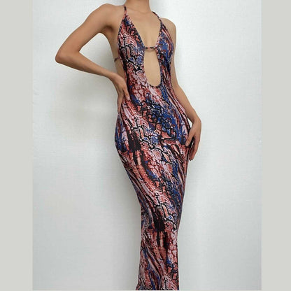 Backless hollow out halter self tie contrast print cut out maxi dress