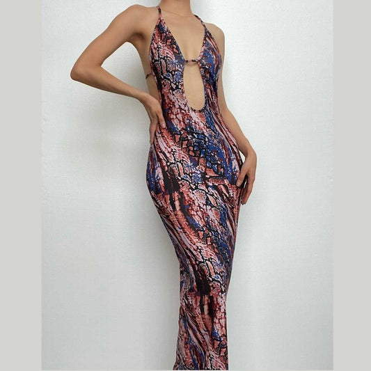 Backless hollow out halter self tie contrast print cut out maxi dress
