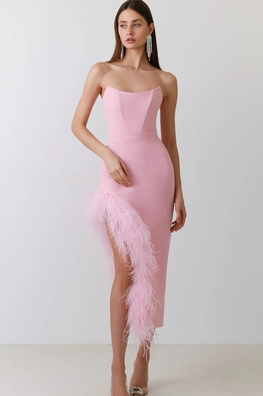 Feather Trim Corset-Boned Sweetheart Strapless High Slit Bodycon Midi Dress