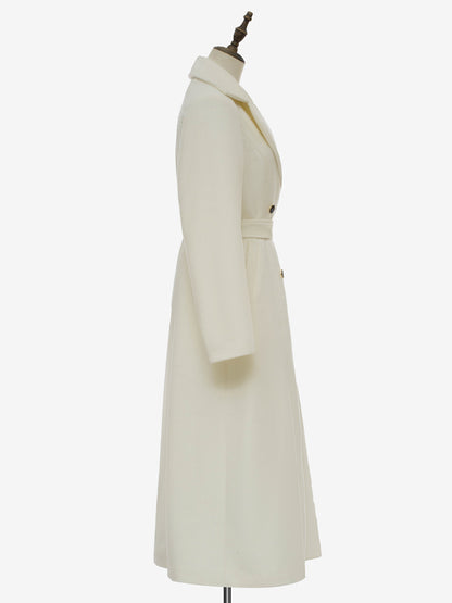 White Longline Woolen Coat Notched Lapel Double Breasted Belted Winter Full Length Outerwear For Women 2026