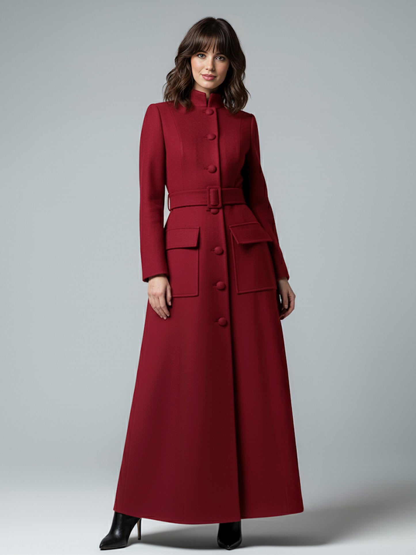 Woolen Full-Length Maxi Coat With Stand Collar And Flap Pockets For Women 2026