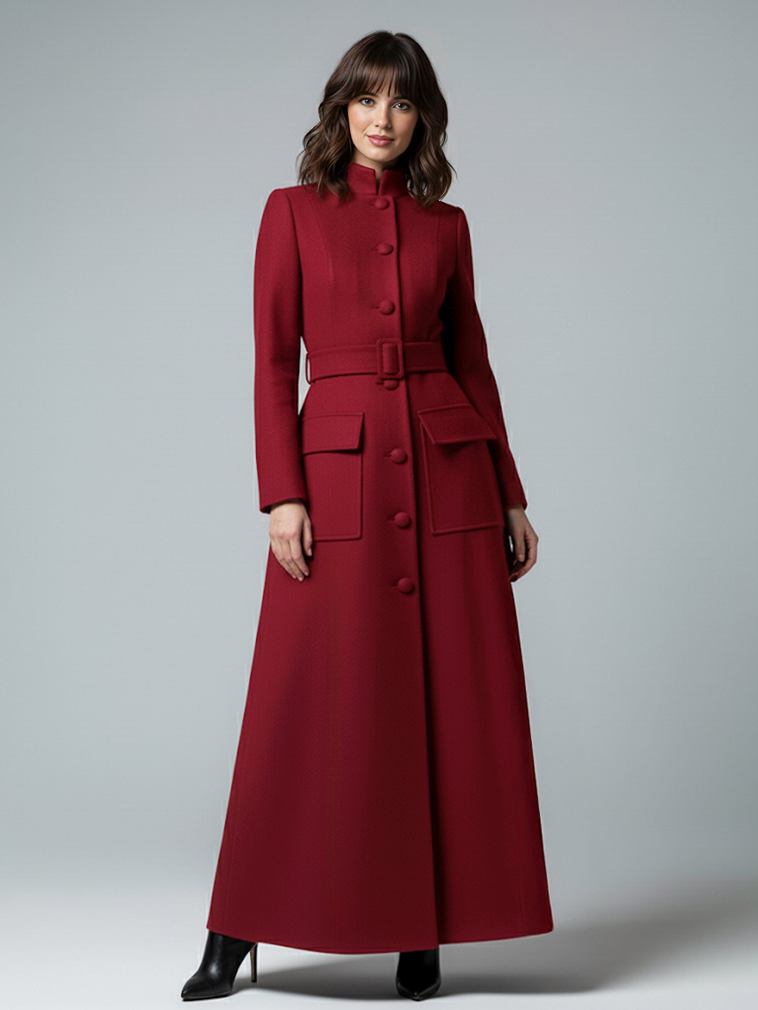 Woolen Full-Length Maxi Coat With Stand Collar And Flap Pockets For Women 2026