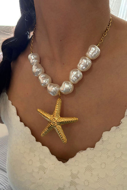 Bohemian Pearl Starfish Lotus Leaf Necklace